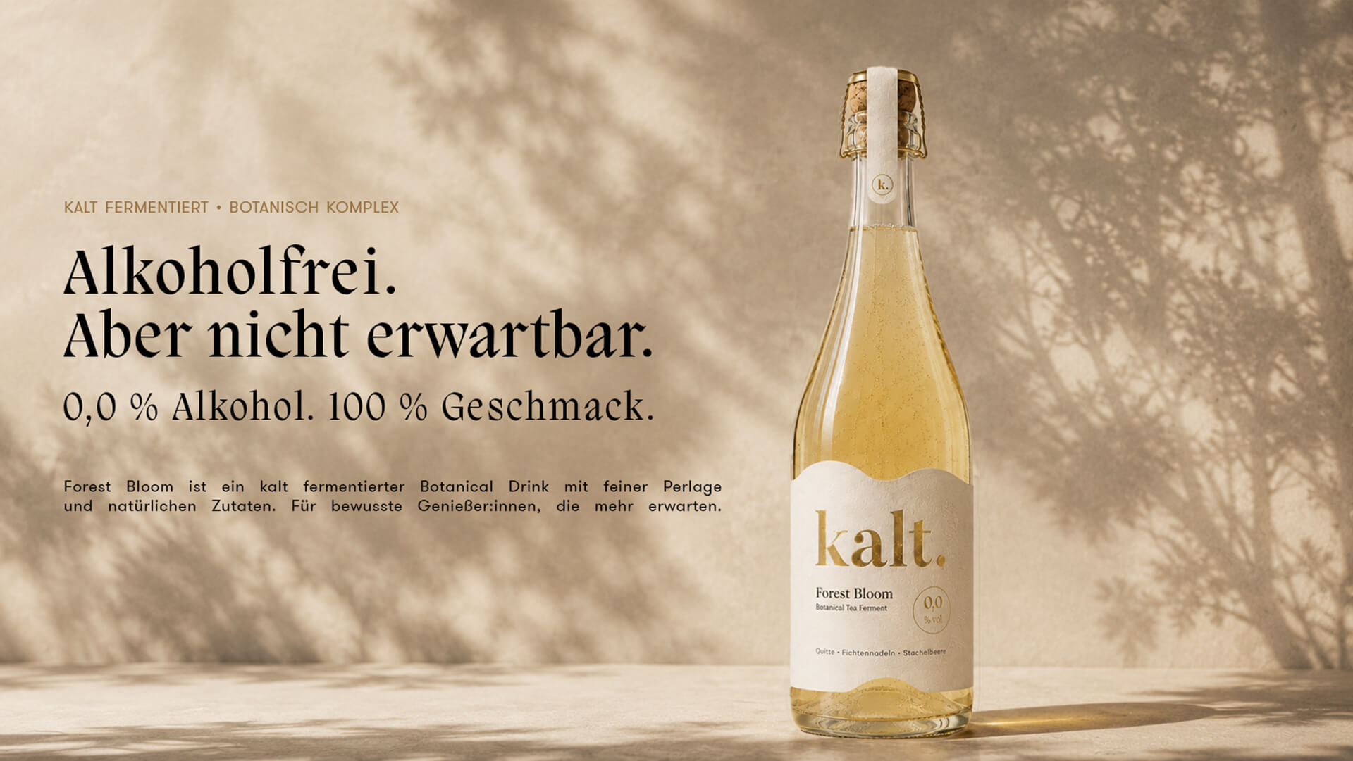 kalt. Forest Bloom alkoholfreier Kombucha 0,0 Prozent vol in der Flasche